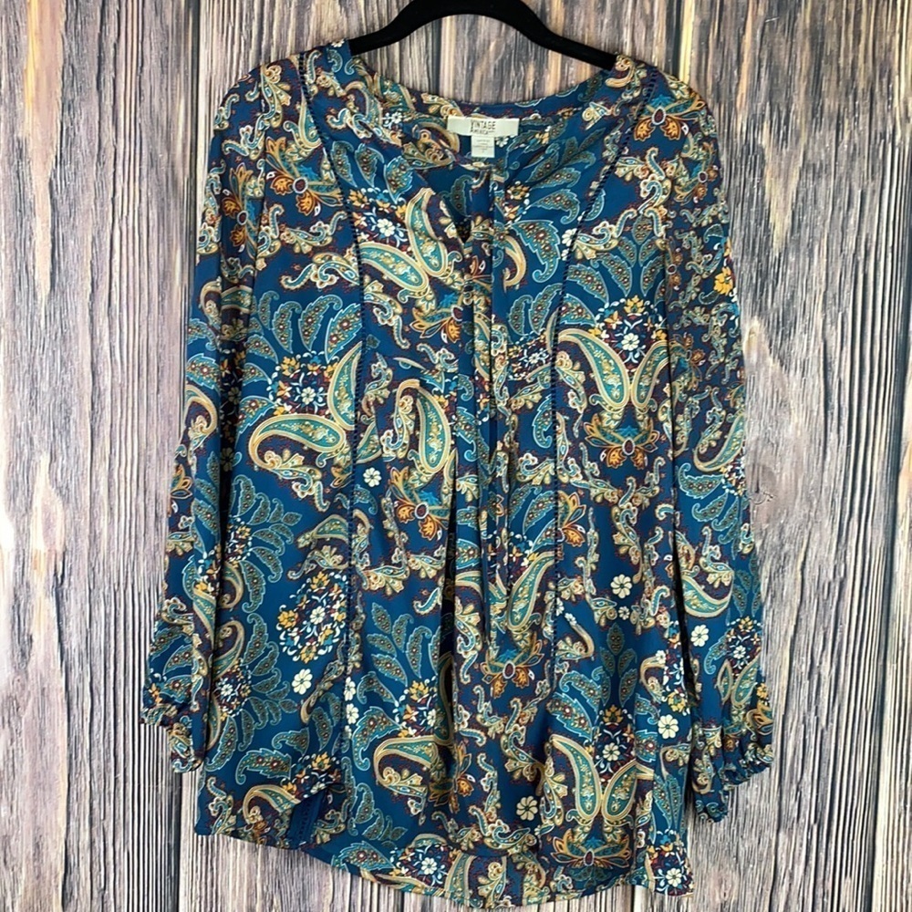 Vintage America - Multi Colored Paisley Print Blouse W/ Cold Shoulders (Size L)